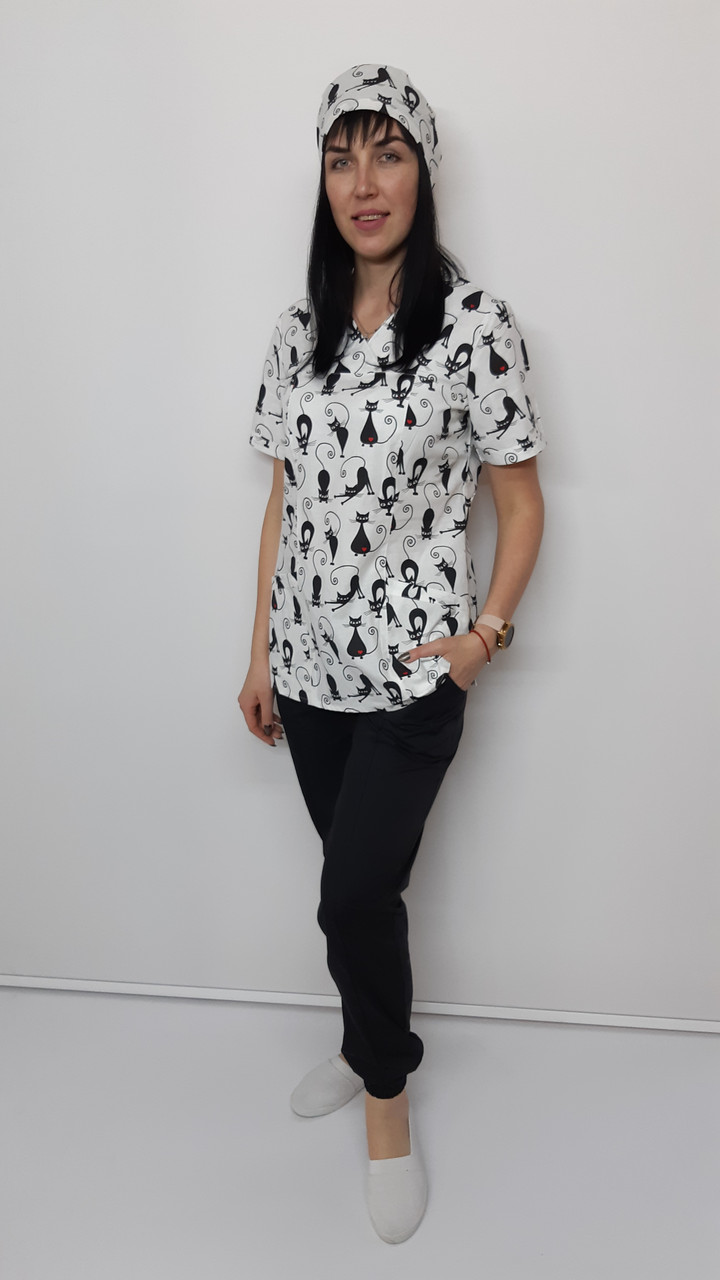 Жіночий медичний костюм принт Чорні коти штани Джогери, фото 1