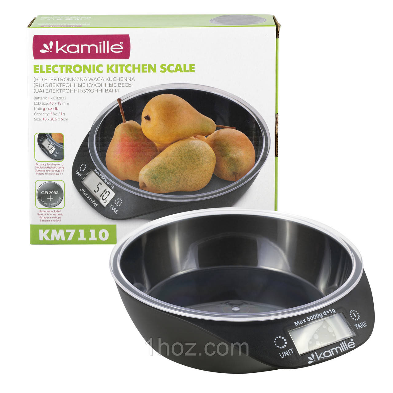 Ваги електронні кухонні Kamille KM-7110 20,5*18,4*6,1см Чорний Ваги з чашею для кухні Кухонні ваги, фото 1