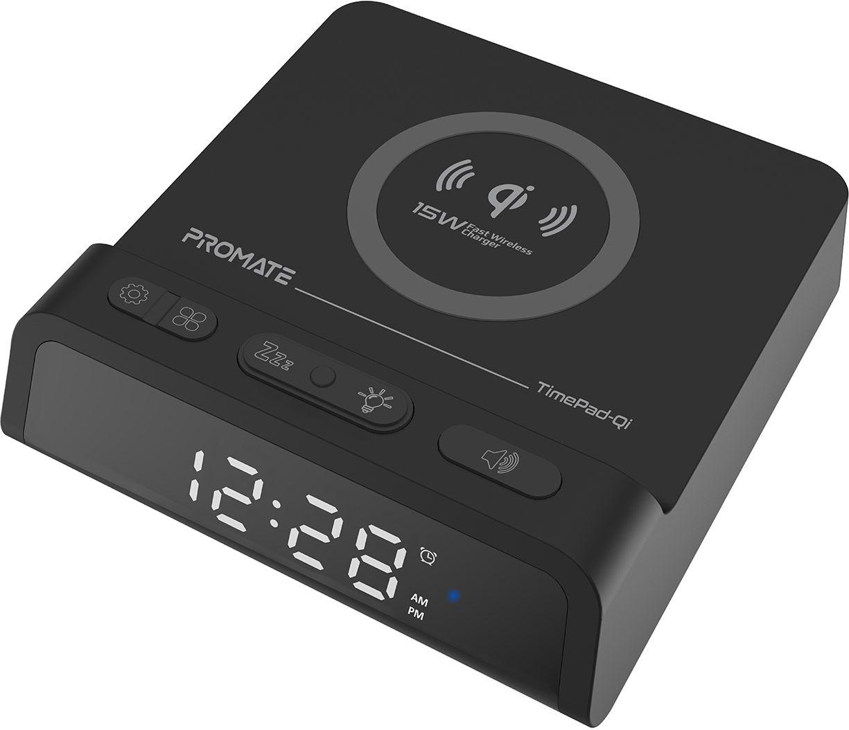 Настільний годинник-будильник Promate TimePad-Qi з бездротовою зарядкою 15 Вт Black (timepad-qi.black)