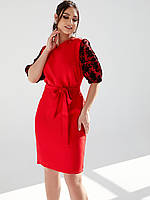 Платье бежевое /красное с гипюром рукав до локтя 48-50 52-54 56-58