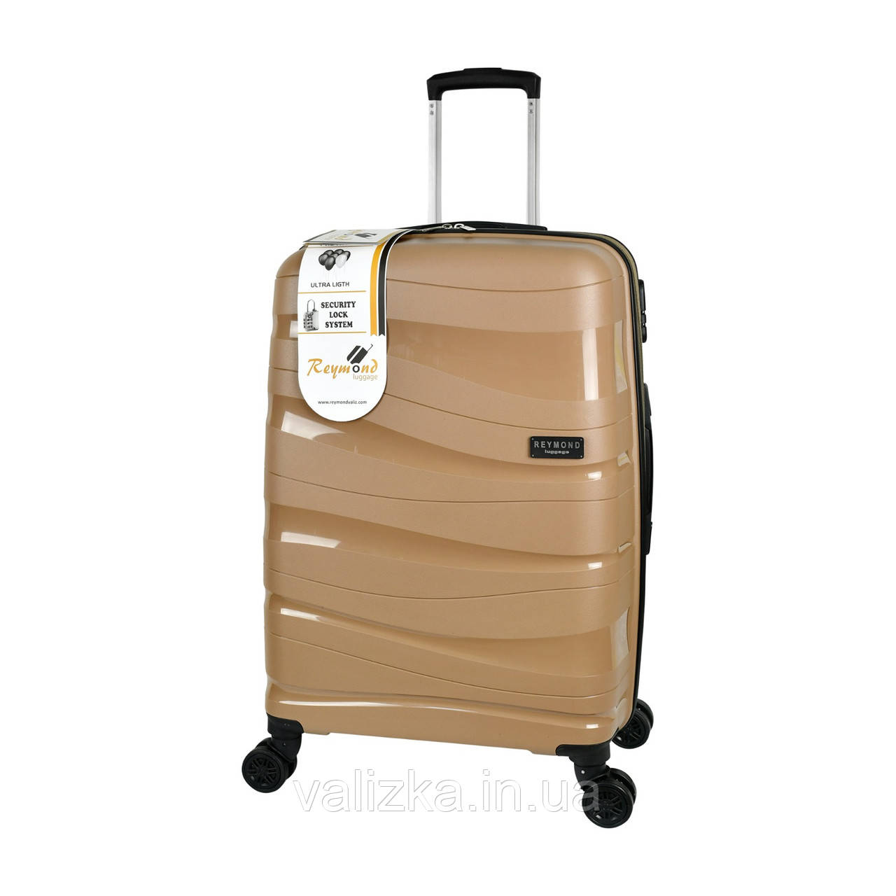 Міцний пластиковий чемодан середній з поліпропілену бежевий