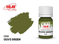 Краска водорастворимая зеленая оливковая, 12 мл. ICM 1068
