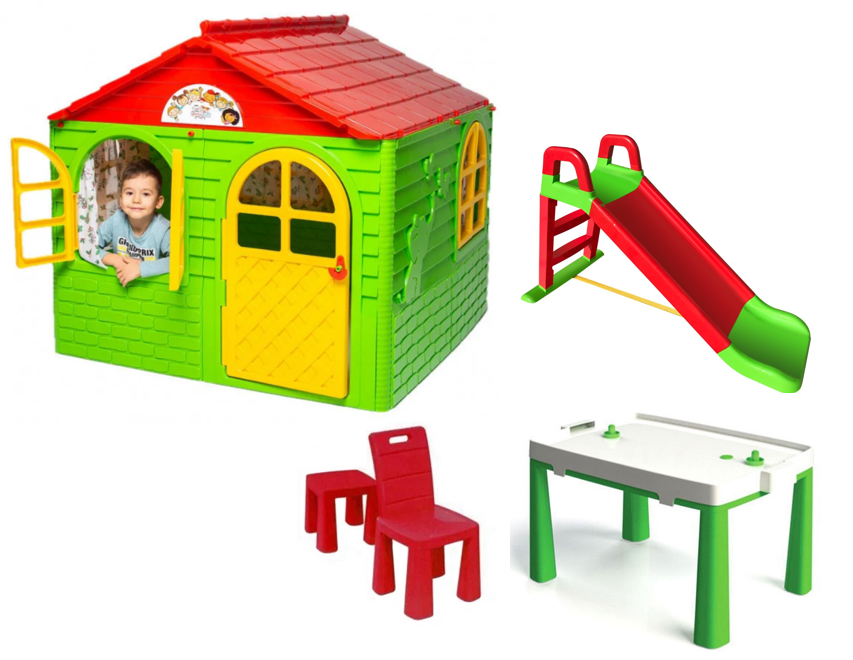 АКЦІЯ МЕГА НАБІР Середній ігровий будиночок зі шторками, пластикова гірка і столик зі стільчиком ТМ Doloni