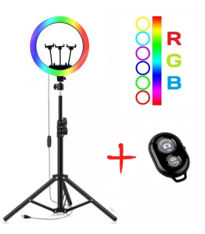 Хіт продаж! Набір для блогера 3в1: кільцева лампа 36см RGB MJ36 + Телескопічний штатив-стійка, 200см +, фото 1