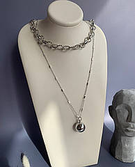 Металевий жіночий чокер, подвійний ланцюжок крупний жіночий з підвіскою срібло