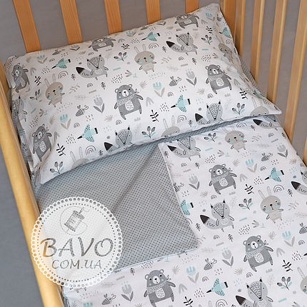 Дитяча постільна білизна в ліжечко для новонароджених, комплект в дитяче ліжечко Звірята сірі, фото 2