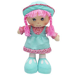 М'яка іграшка лялька з вишитим обличчям, 36 см, зелена сукня (860807)