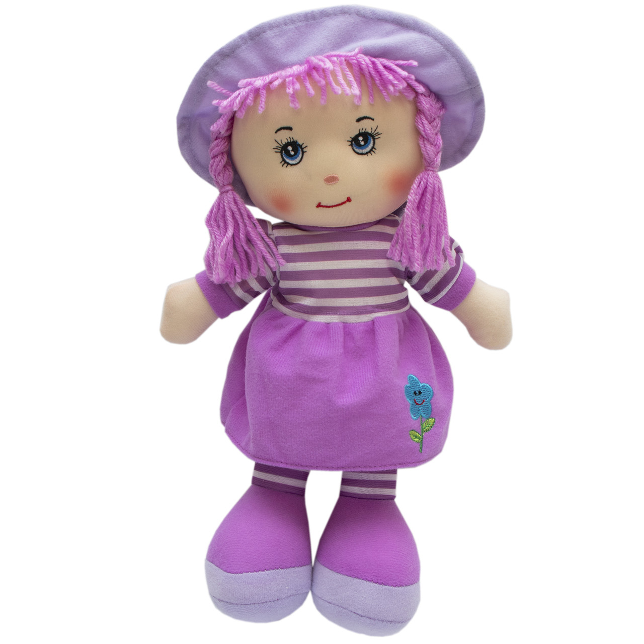 М'яка іграшка лялька з вишитим обличчям, 36 см, фіолетова сукня (860944)
