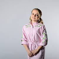 Женская туника с длинным рукавом, с пояском, вышивка - вьюнок, ткань оникс, цвет - розовый 40-42