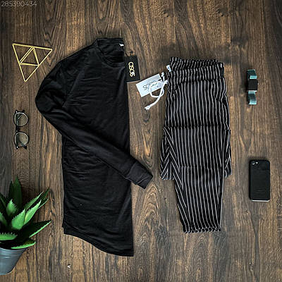 Стильний чоловічий комплект чорний лонгслів чорні штани в смужку Розміри: S, M, L, XL