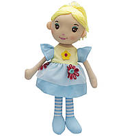 Мягкая игрушка кукла с вышитым лицом, 36 см, большой красная цветок, голубое платье (861064-1)