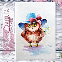Картина живопись рисунок акварелью птица сова шляпка ромашка А4 30 х 21,5 см Художник Инесса Сацута