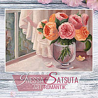 Картина живопись на холсте маслом пионы натюрморт цветы в вазе у окна оргалит 25 х 35 см Художник Инесса