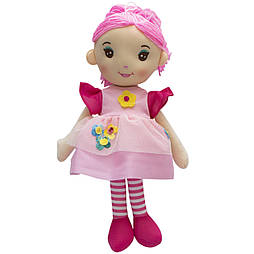 М'яка іграшка лялька з вишитим обличчям, 36 см, три квітки,рожева сукня (861071-2)