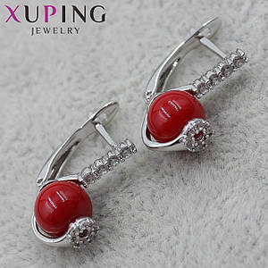 Сережки жіночі Xuping Jewelry медичне золото англійський замок з червоними намистинами та в стразах 24K