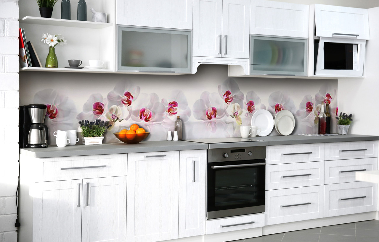 Самоклеюча Плівка для Фартуха Орхідеї з рожевою серединою наклейка на стіну 60х200см Квіти Білий, фото 1