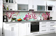 Самоклеючий фартух для кухні Рожеві Півоні та Любов кухонна наклейка на стіну 60х300см Квіти Блакитний