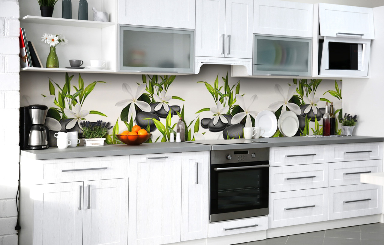 Кухонний фартух 3Д плівка Союз квітів та каменю фотодрук наклейка на стіну Абстракція 600*2000 мм