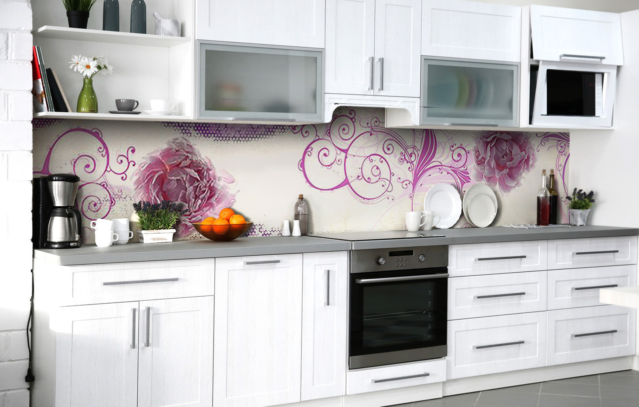 Кухонний фартух 3Д плівка Пурпурний півонія фотодрук наклейка на стіну 60х200см Квіти, фото 1