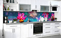 Кухонный виниловый фартук Неоновые бабочки и яркие цветы скинали 3Д наклейка 60х300см Животные Синий