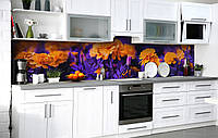 Наклейка на фартук для кухни Чернобрывцы виниловая пленка ПВХ Цветы бархатцы Оранжевый 650*2500 мм