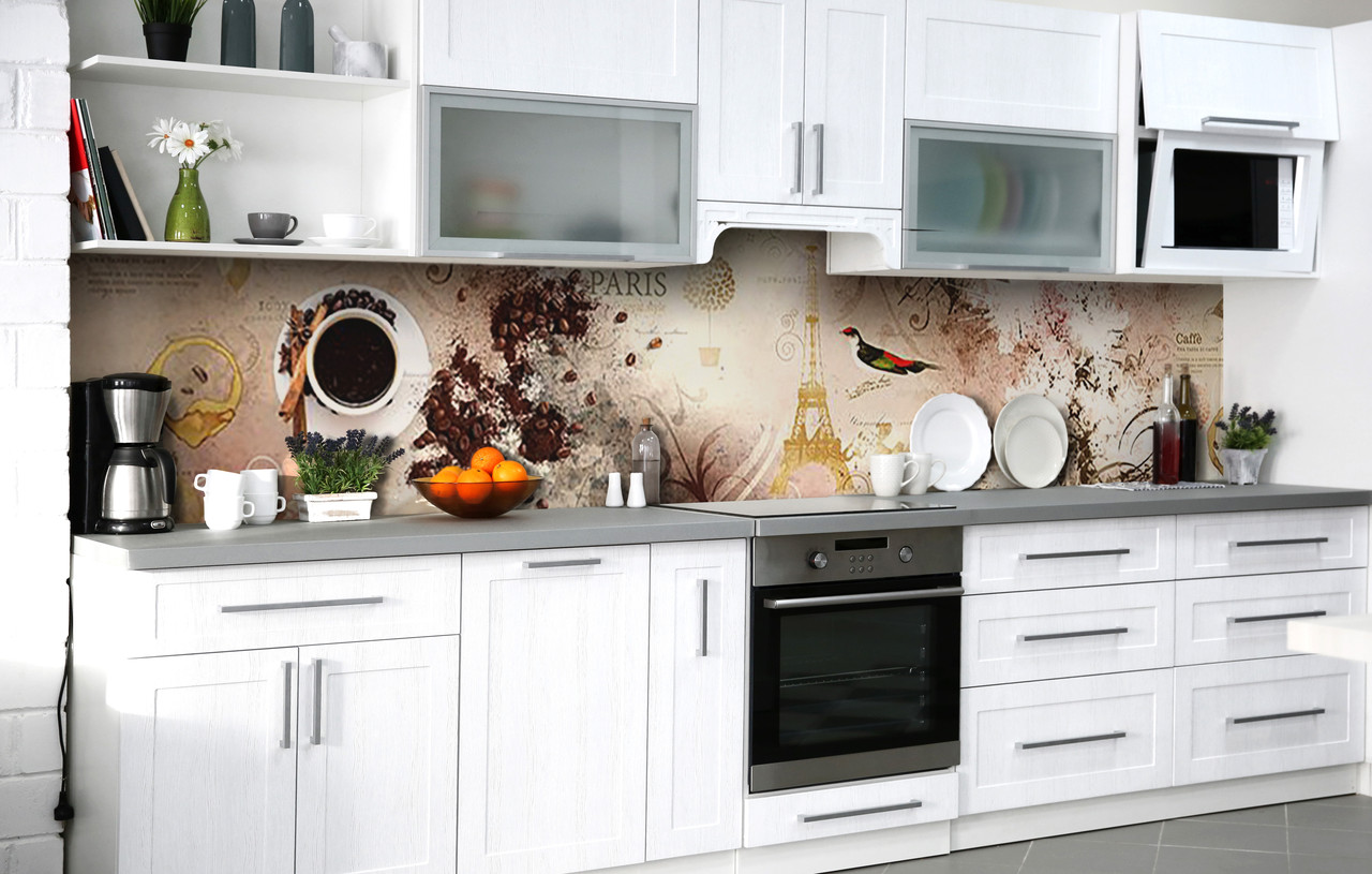 Кухонний фартух 3Д плівка Кава Птахи Париж фотодрук наклейка на стіну 60х200см Абстракція Бежевий