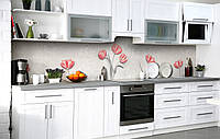 Кухонный фартук 3Д пленка Розовые Тюльпаны на узорном фоне фотопечать наклейка на стену 60х250см Цветы Серый