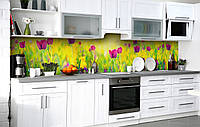 Кухонный виниловый фартук Лиловые тюльпаны скинали 3Д наклейка 60х300см Цветы