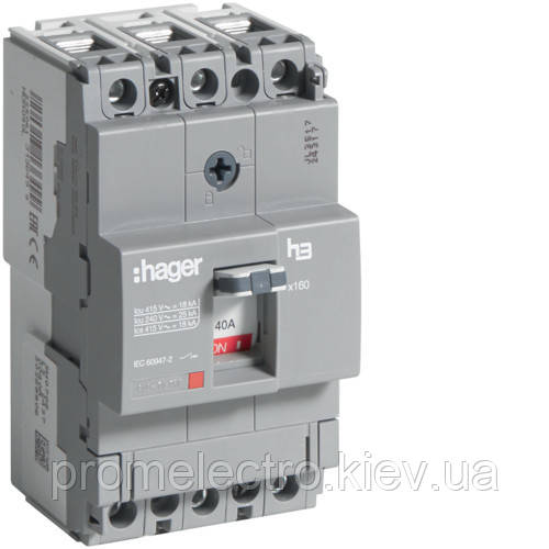 Автоматичний вимикач x160, 40А, 3п, 18kA, Тфікс./Мфікс, Hager HDA040L