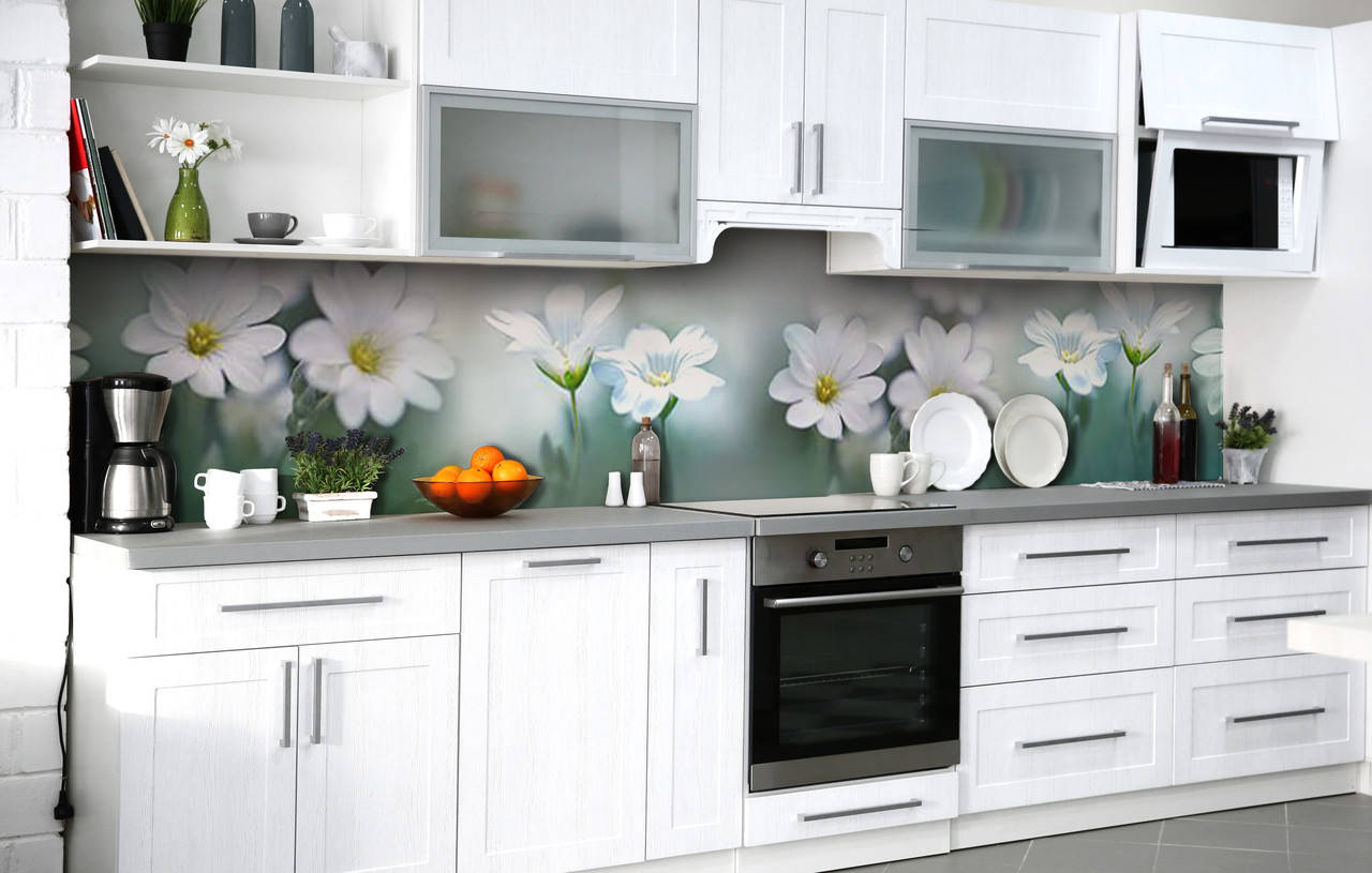 Самоклеюча Плівка для Фартуха Білі Польові квіти наклейка на стіну 60х200см Зелений