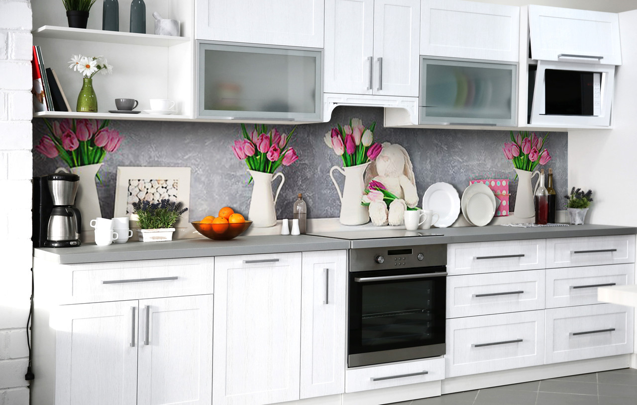 Кухонний фартух 3Д плівка Тюльпанові посмішки фотодрук наклейка на стіну 60х200см Квіти, фото 1