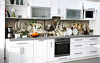 Наклейка на фартух для кухні Сільський натюрморт Посуд вінілова плівка ПВХ 65х250см Текстури Зелений