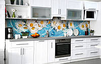 Кухонный виниловый фартук Абстрактные белые ромашки скинали 3Д наклейка Цветы Голубой 600*3000 мм