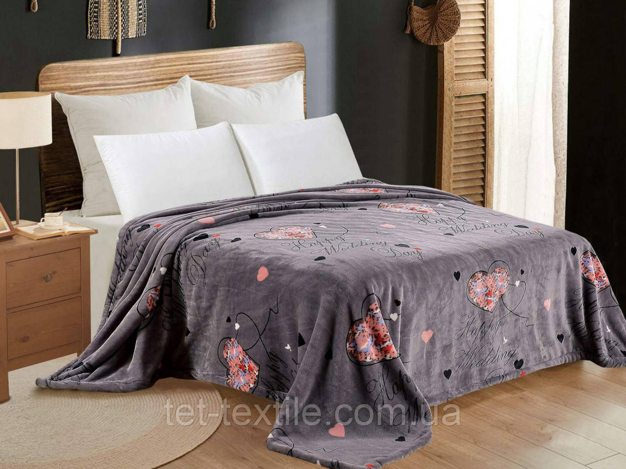 Плед з мікрофібри Велсофт Серця на сірому 160х210 см
