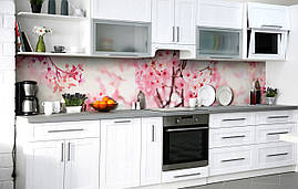 Кухонний фартух 3Д плівка Цвітіння Сакури фотодрук наклейка на стіну Квіти Рожеві 600*2000 мм