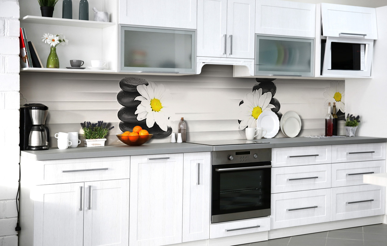 Кухонний фартух 3Д плівка Ромашки Чорне каміння фотодрук наклейка на стіну 60х200см Текстури