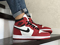 Мужские высокие кожаные кроссовки Nike Air Jordan 1. Найк аир джордан. Красные с белым 44-28см,