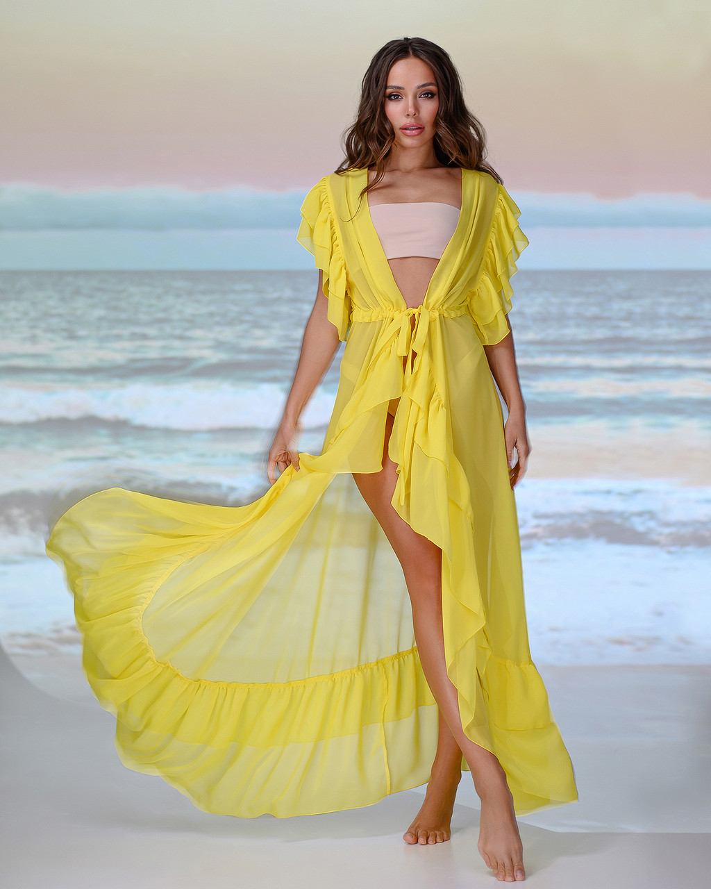 Пляжна довга туніка з воланами 002, колір - жовтий, фото 1