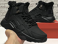 Мужские зимние кроссовки Nike Air Huarache Acronym City Black Winter fur (Черные) Найк Хуарачи текстиль мех