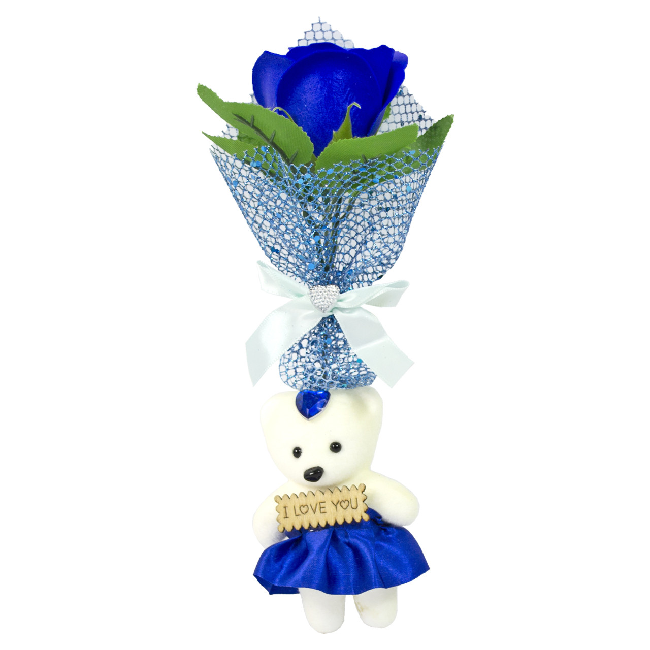 Мыло сувенирное Роза синяя с мишкой в прозрачной колбе (100) - фото 1 - id-p1360534684
