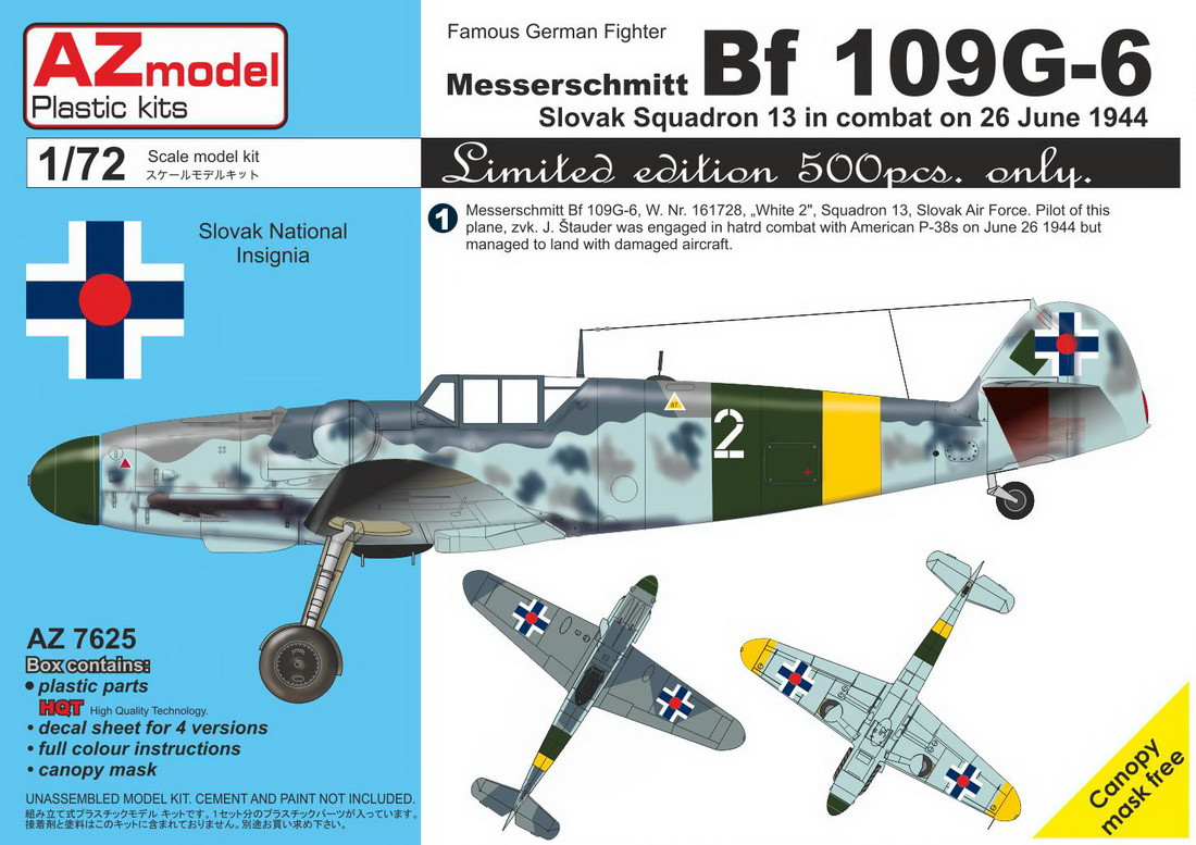 Пластикова модель 1/72 AZ model 7625 німецький винищувач Messerschmitt Bf-109G-6 'Slovak Sq.13, 26 June 1944'