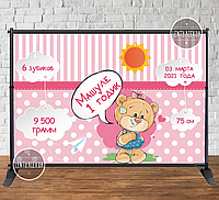 Баннер 3х2м "Мишка Тедди - метрика (для девочки)" - Фотозона (виниловый) на день рождения (каркас отдельно)