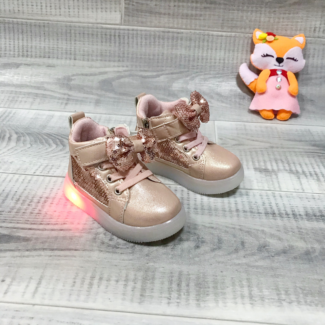 Хайтопы кроссовки ботинки демисезонные весенние размер 21 для девочки, с мигалками, розовое золото - фото 5 - id-p1256739870