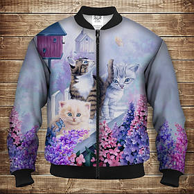Бомбер з 3D принтом на тему Котики на паркані з бузком Дорослі і Дитячі розміри ВСІ Розміри
