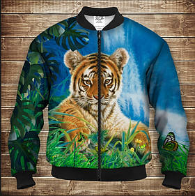 Бомбер з 3D принтом на тему Тигр, листя монстери і водоспад Дорослі і Дитячі розміри ВСІ Розміри