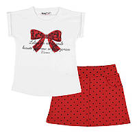 Комплект детский белая футболка с бантом и красная юбка в горох Wanex 92 см., 2 года