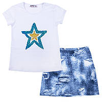 Комплект для девочки белая футболка со звездой с пайетками перевертышами и синяя юбка Wanex 104 см., 4 года