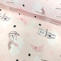 Фланелевая ткань спящие мишки на облаках в серо-розовых тонах на розовом (шир. 2,4 м) (FL-T-0125)