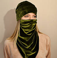 Женский комплект из шапки и шейного платка-маски из бархата. Оливковый (зеленый)