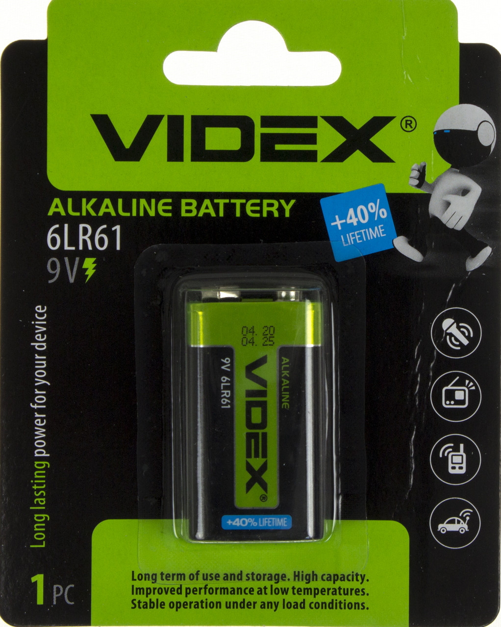 Батарейка Videx Алкалайн 6LR61/1bl крона(12), фото 1